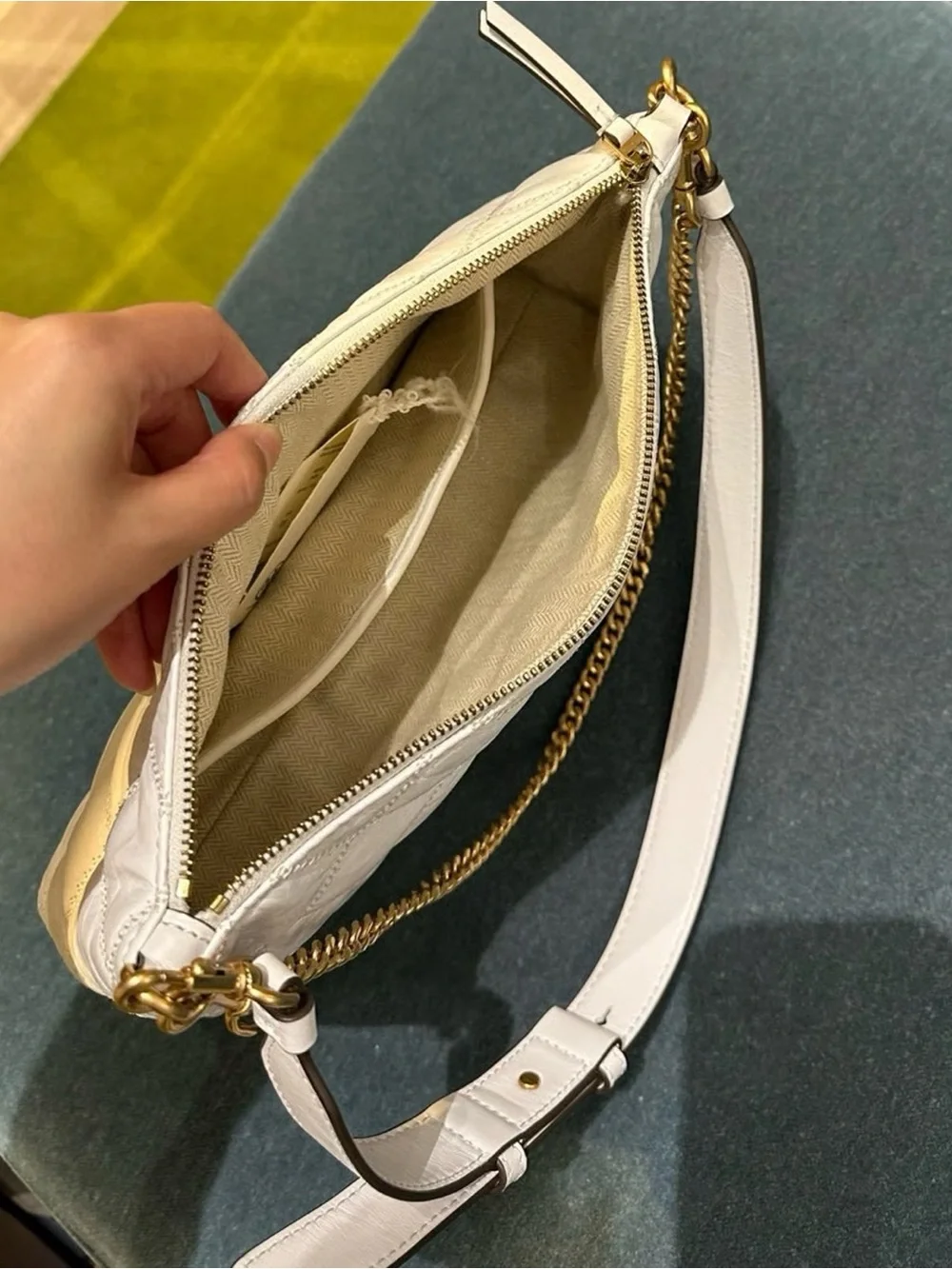 Tory Burch White Quilted Leather Shoulder Bag with Gold Chain Detail